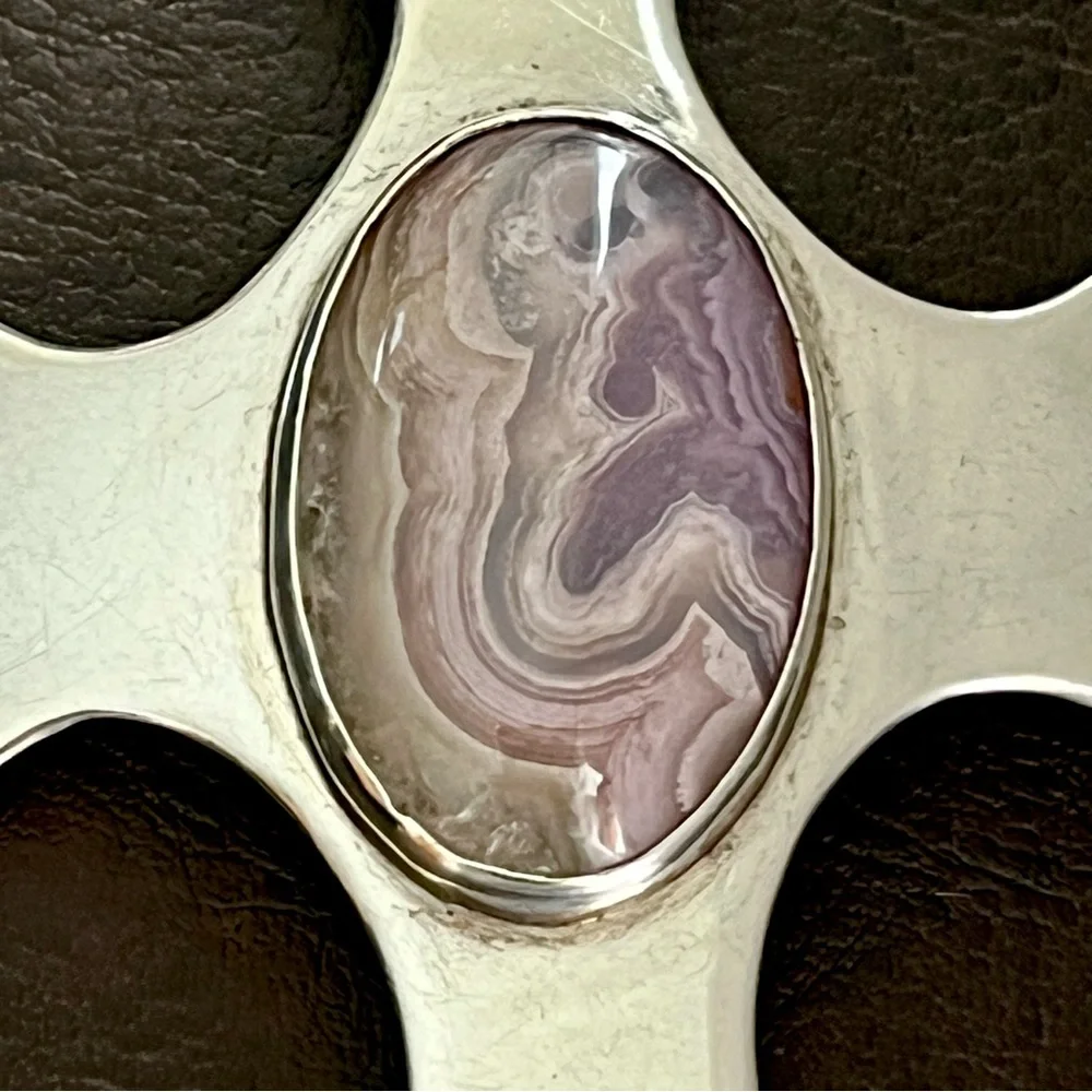 Large vintage sterling silver cross brooch pin with lace agate stone